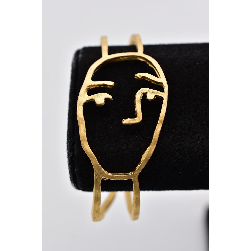 Abstract Face Cuff Bracelet Brushed Gold Open Bangle Modern Minimalist BinAD
